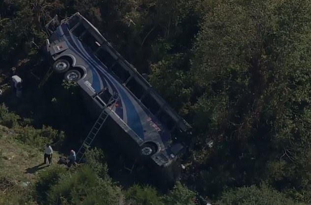 Ladders were lifted to the overturned bus to reach the passengers