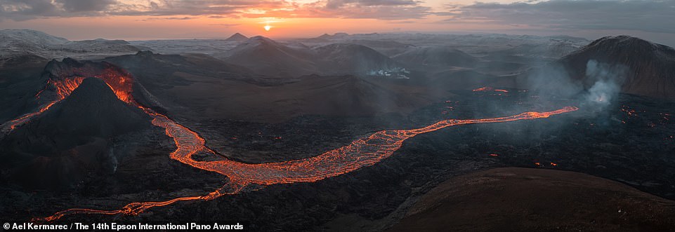 In this photo, lava slides down Fagradalsjfall, an active volcano in Iceland, about 40 kilometers from Reykjavik.  Icelandic photographer Ael Kermarec captured the photo, which ranks joint 14th in the Amateur Nature Landscapes category