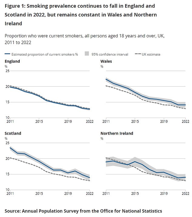 But the ONS survey also shows that the number of people smoking cigarettes in Britain has fallen to a record low.  A total of 6.4 million adults in Britain – or 12.9 percent – ​​smoked in 2022. This is the lowest figure since records began in 2011 and down from 13.3 percent in 2021 was reported.