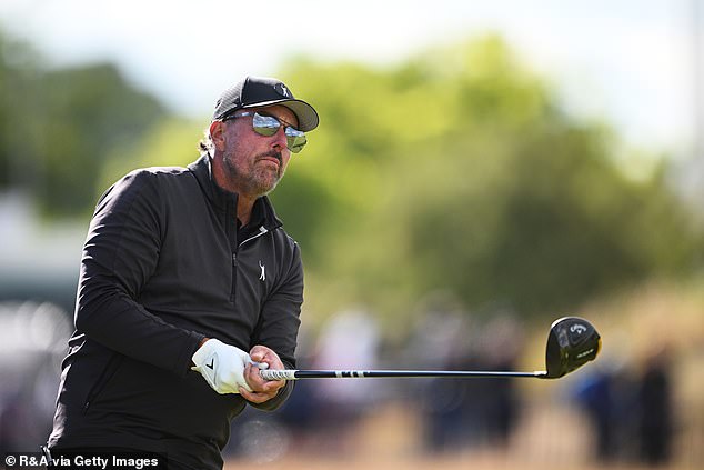 Mickelson tees off on the 18th hole at St. Andrews during the 2022 Open Championship