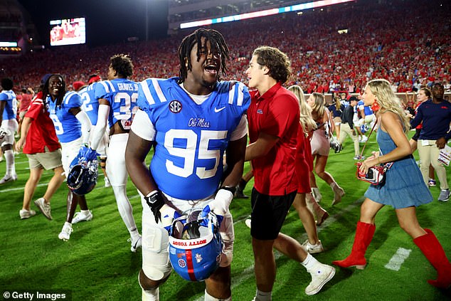 Akelo Stone celebrates after beating the LSU Tigers at Vaught-Hemingway Stadium