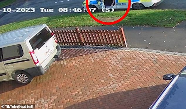 CCTV footage shows the officer throwing away the scabs as he opens his roadside door (circled)