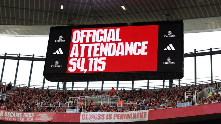 Emirates video screen shows record attendance of 54,115 for WSL match between Arsenal and Liverpool