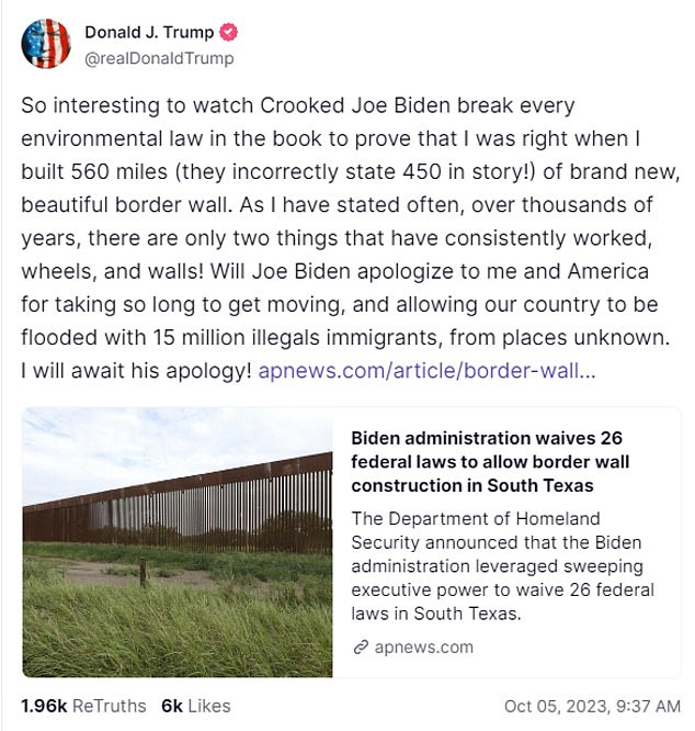 Trump said Biden is also ignoring other priorities — such as environmental protection — to ensure the border wall gets built in Starr County, Texas.