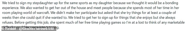 He and his wife have signed up the stepdaughter for a series of activities in the hope that this will calm the growing jealousy between the two.