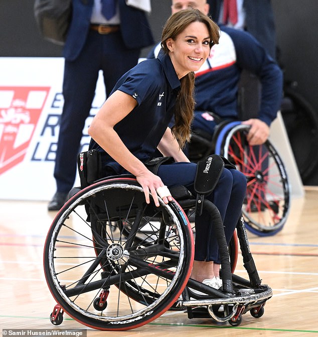 Today Kate wore bandaged fingers again as she met Disability Rugby League players in Hull - just three weeks after injuring her hand while trampolining with her children