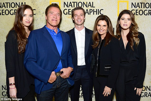 In fairness: Arnold had opened up about his relationship with his ex-wife, Maria Shriver, during an interview with People released on Wednesday;  he is seen with (photo from left to right) Christina Schwarzenegger, Arnold Schwarzenegger, Patrick Schwarzenegger, Maria Shriver and Katherine Schwarzenegger in October 017