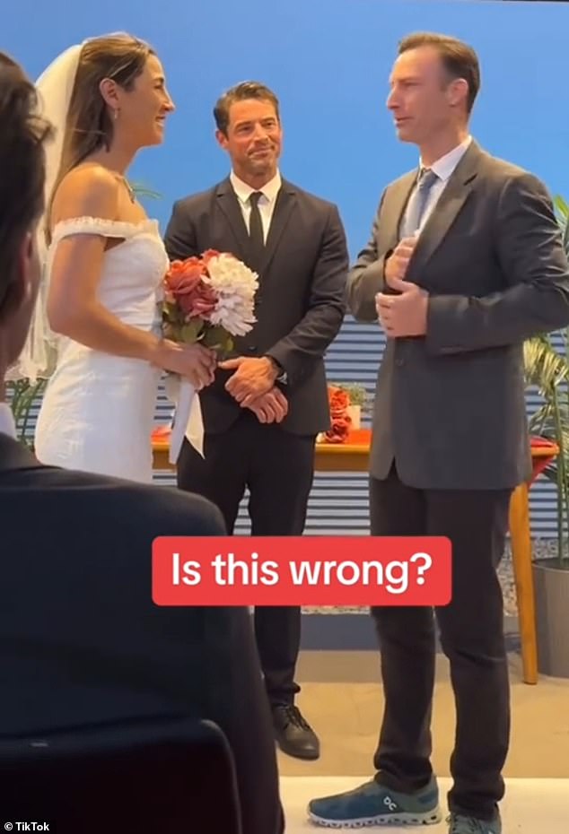 In the video, the groom was told it was time to read his vows and he explained that he had written them down on a piece of paper.