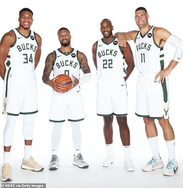 Lillard will team with Giannis Antetokounmpo (left), Khris Middleton (second right) and Brook Lopez (right) on the Bucks