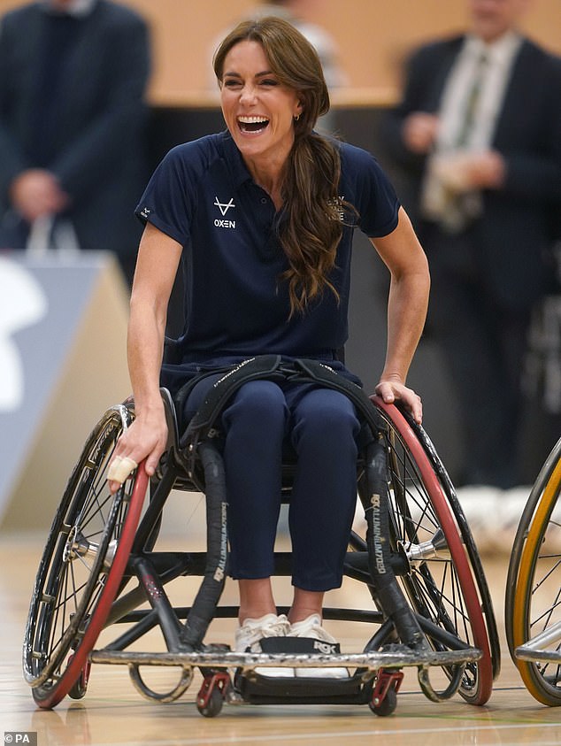 Kate Middleton was full of excitement as she took part in a wheelchair rugby match in Hull today - and almost crashed into a post