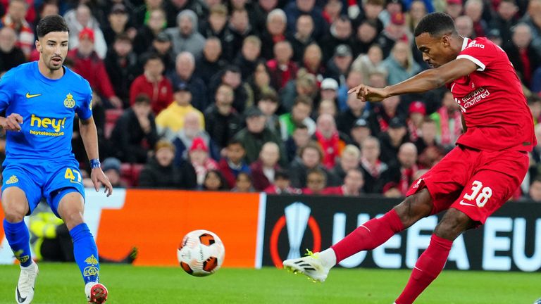 Liverpool's Ryan Gravenberch (38) shoots at goal during a Europa League Group E football match between Liverpool and Union Saint-Gilloise