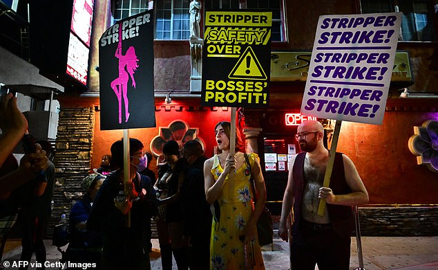 Supporters join strippers for a rally outside the Star Garden Topless Dive Bar on August 19, 2022 in North Hollywood, California