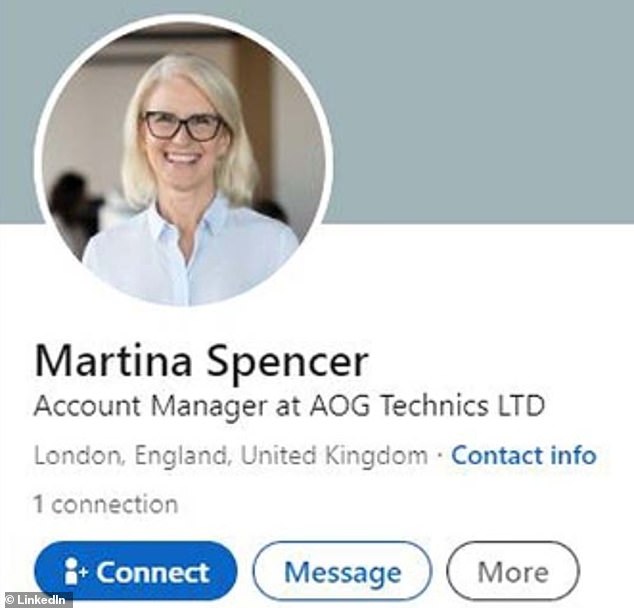 A LinkedIn profile of Martina Spencer, probably an account manager at AOG Technics, also appears to use a stock photo