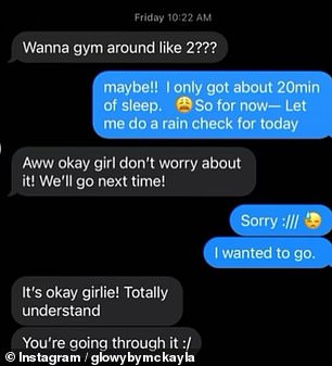 In her post, she included text messages documenting her sleep problems