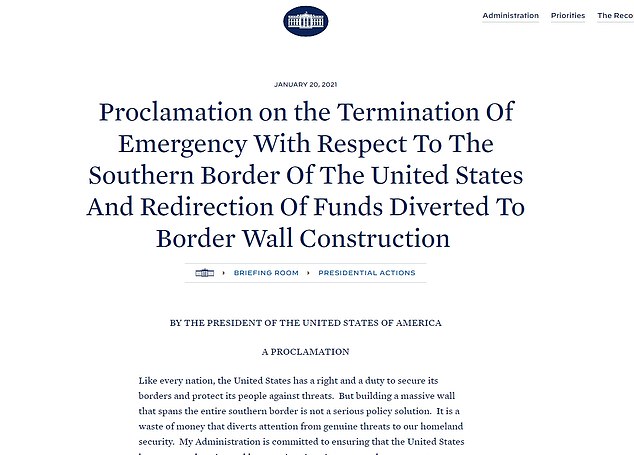 On the first day of his presidency, Biden halted construction of the border wall and said no more taxpayer money would be used for the project.