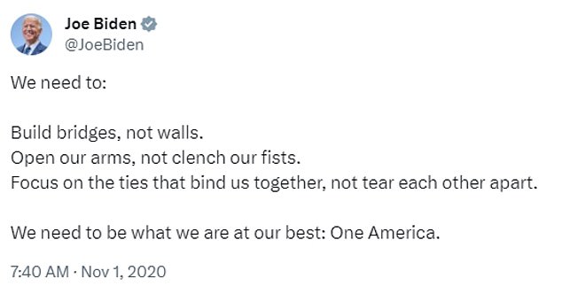 Biden has repeatedly used his opposition to the border wall as a talking point, saying: 'We need to build bridges, not walls'