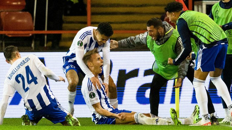 Bojan Radulovic celebrates after putting HJK Helsinki ahead in Aberdeen