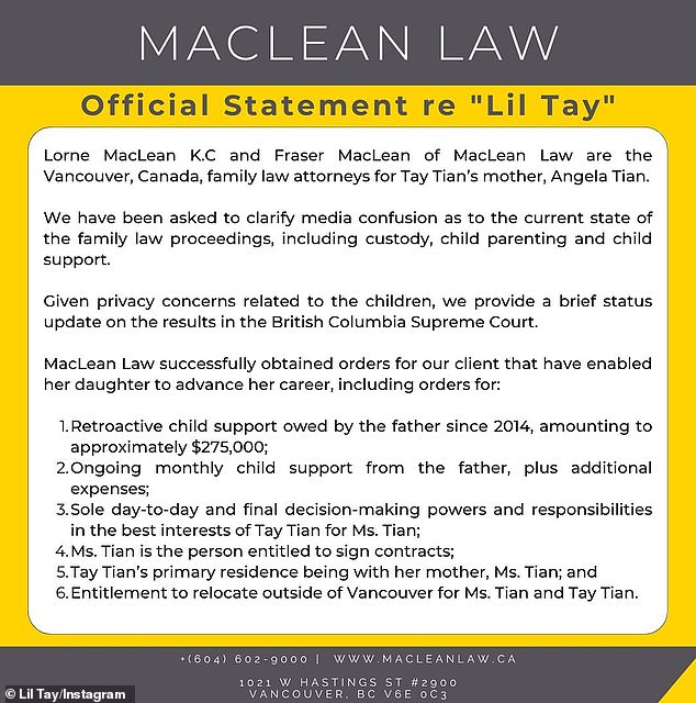 The Lil Tay Instagram account released a statement in August from their legal team Lorne MacLean KC and Fraser MacLean of MacLean Law on behalf of Tay's mother Angela