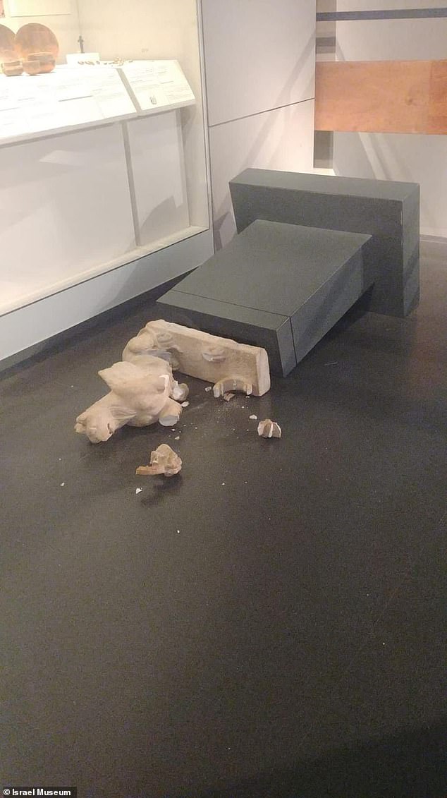 One of the statues was broken into several pieces at the Israel Museum in Jerusalem