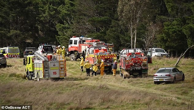 Emergency services (pictured) arrived on the scene after the crash as firefighters from the Rural Fire Service worked quickly to extinguish the flames