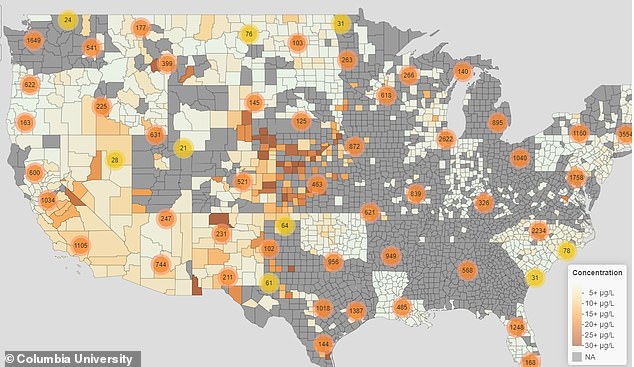 Uranium occurs naturally in the earth's crust and enters water systems through geochemical processes.  The EPA's map (photo) shows elevated uranium levels in two-thirds of community water systems