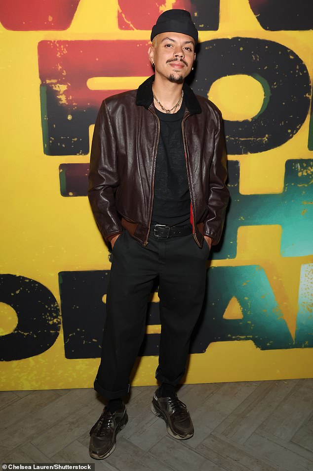 Effortlessly cool: Ashlee Simpson's husband Evan Ross, 35, looked cool as ever in a brown leather jacket, black T-shirt and matching black pants