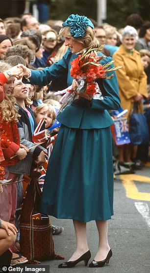 Diana chooses a teal suit and matching hat for Wellington, New Zealand in 1983