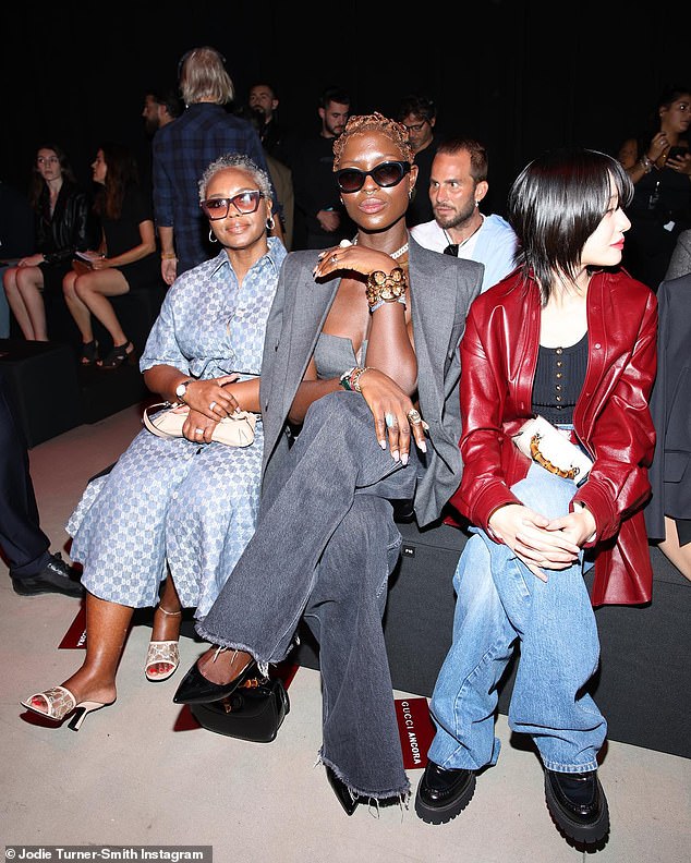 Support from mom: She also took to Instagram to share photos and videos from the Gucci show earlier this week, where she attended with her mother Hilda and looked fantastic in a bralet with a matching jacket and high-waisted jeans