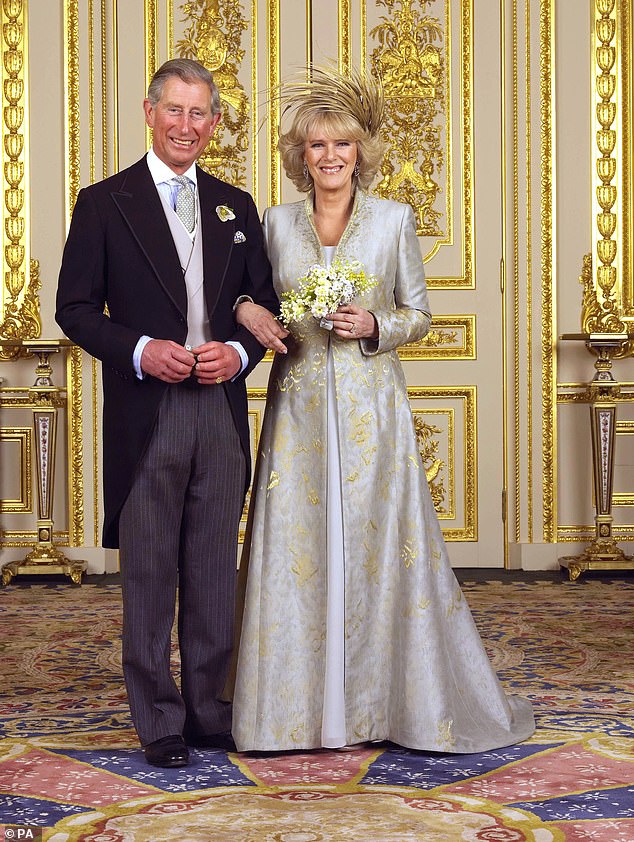 A portrait of the newly married Prince Charles and Camilla, Duchess of Cornwall in the White Drawing Room at Windsor Castle