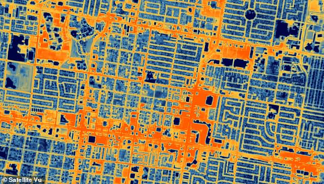 Image shows the thermal insulation effects of large parking lots in Las Vegas, Nevada, located along the city's roadways