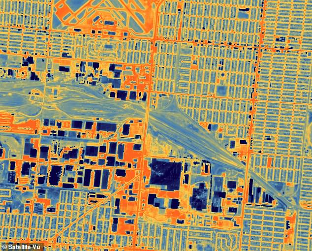 This image captures the main line of the Belt Railway of Chicago (BRC) and the east end of their cleanup year.  North American locomotives typically have diesel generators and the heat signatures of individual locomotives are clearly visible on the thermal images