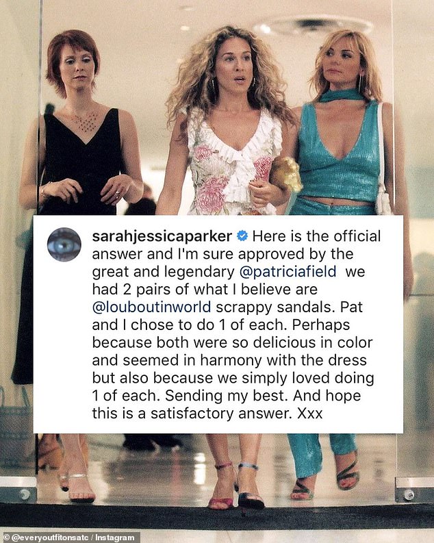 Her own competition: Sarah Jessica later took to Instagram to explain the unlikely combination: 'I'm sure approved by the amazing and legendary @patriciafield that we had two pairs of what I believe are @louboutinworld's scrappy sandal'