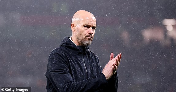 MANCHESTER, ENGLAND – OCTOBER 03: Manchester United Manager Erik ten Hag cheers on fans after the UEFA Champions League match between Manchester United and Galatasaray AS at Old Trafford on October 3, 2023 in Manchester, England.  (Photo by Alex Livesey/Getty Images)