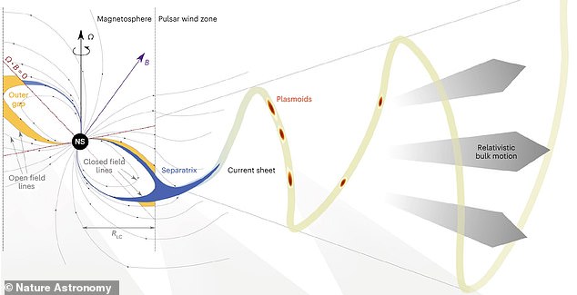 Pulsars have a magnetosphere, an invisible force field that sends particles outward past the two magnetic poles (photo)