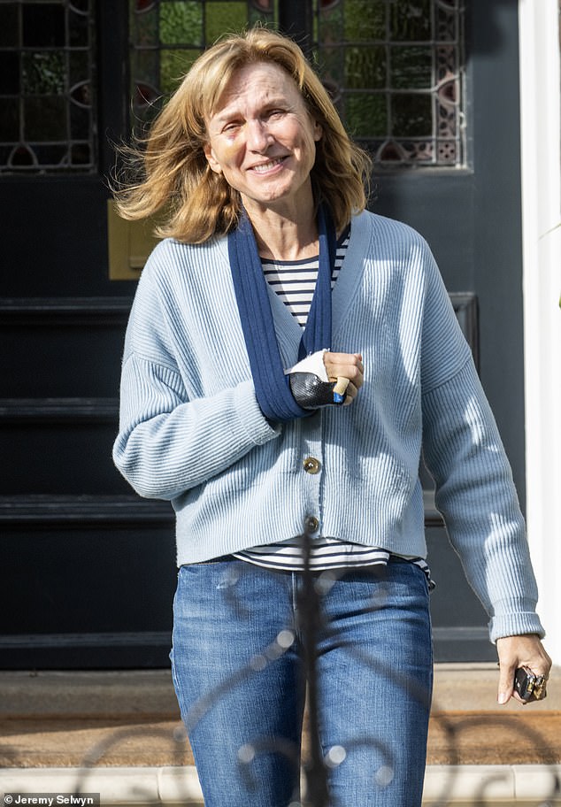 Fiona Bruce pictured today with a black eye and her arm in a sling after she fell off her horse in a recent accident