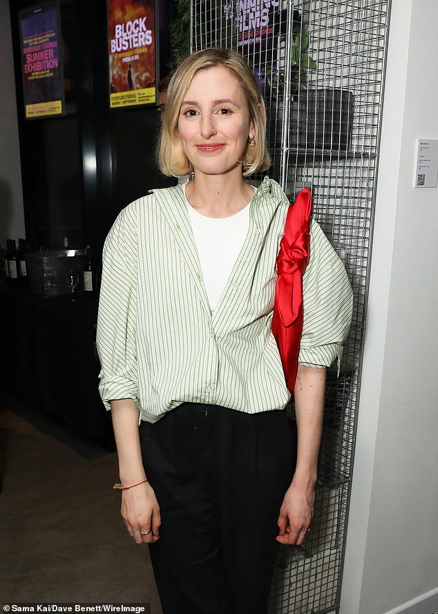 Strike a pose: Actress Laura, 37, who also starred in Downton Abbey as Anna Bates, opted for a green and white striped shirt which she wore over a white top