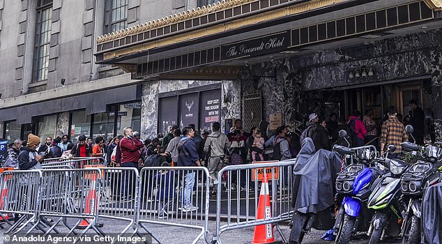 More than 120,000 migrants poured into New York City, with officials turning to landmark hotels including the Roosevelt Hotel (pictured) as temporary asylum shelters