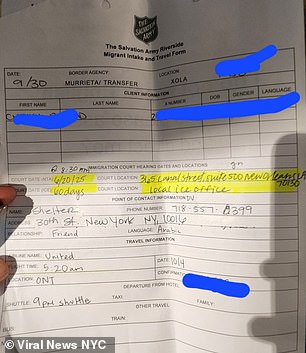 Another included paperwork received from the Salvation Army showing the charity helped schedule shelter and court appearances for migrants once they were in New York