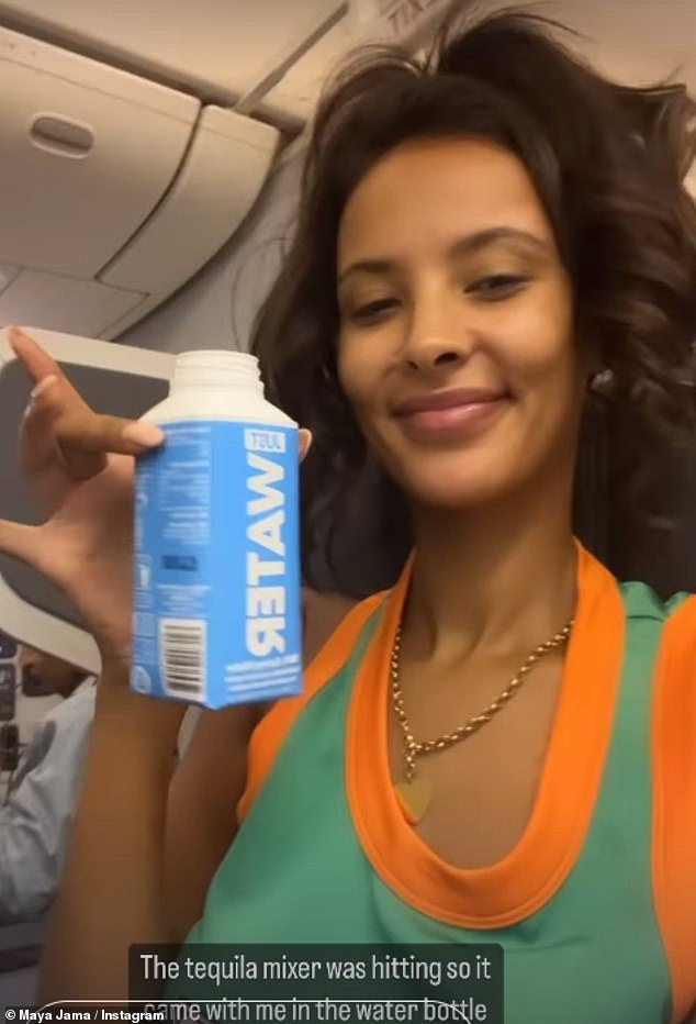 Cunning, cunning!  She also took to Instagram to share a video of herself grinning as she held up a bottle of tequila-filled water after enjoying a drink at the airport.