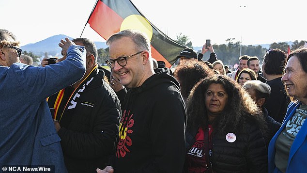 The latest Newspoll suggested a Yes vote would fail by 36 to 56 per cent (pictured Anthony Albanese pictured on the 'long walk' with former AFL champion Michael Long