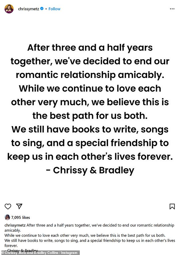 It's over: The This Is Us star, 43, and the writer released a joint statement to Instagram on Friday announcing their split, saying they still 'love each other very much'