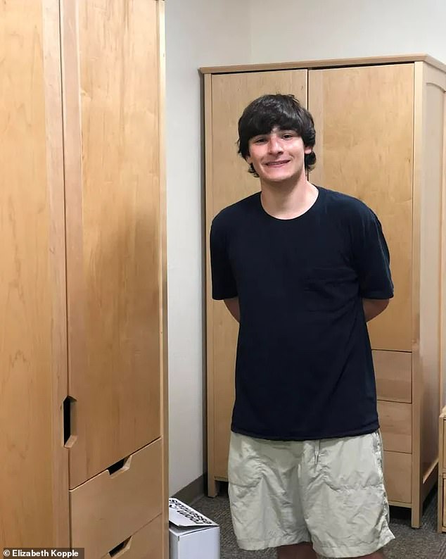 Henry died on the first day of class when an 'unstable structure' collapsed on him.  He is pictured in his dorm room after being moved in with the help of his mother