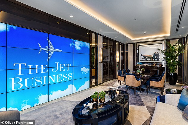 The three images above show the interior of The Jet Business, which features the fuselage of an Airbus and a video wall so customers can take video tours of various private jets