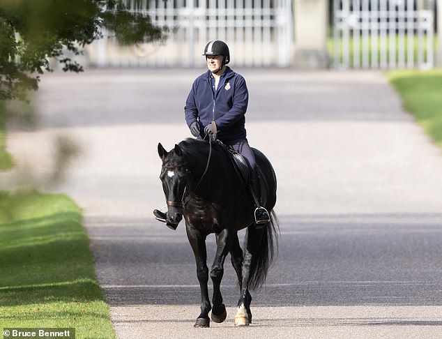 Prince Andrew was seen riding a horse for the first time yesterday week, following claims the King privately believes he has 'no long-term future' at his Royal Lodge home.