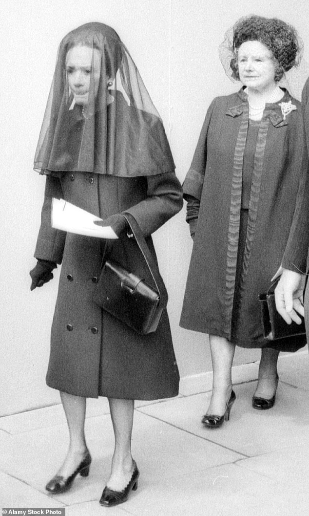 Pictured: The Duchess of Windsor attended by the Queen Mother at the funeral of her husband the Duke of Windsor at St George's Chapel in 1972