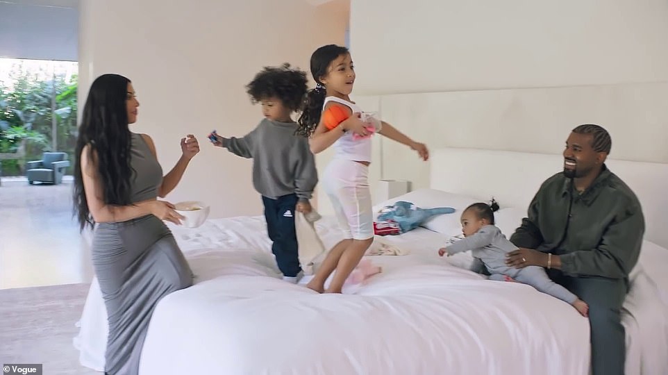 Kanye with his ex-wife Kim Kardashian at their $60 million minimalist mansion in the Hidden Hills.  Taken with their children (l-r) Saint, North and Chicago in 2020