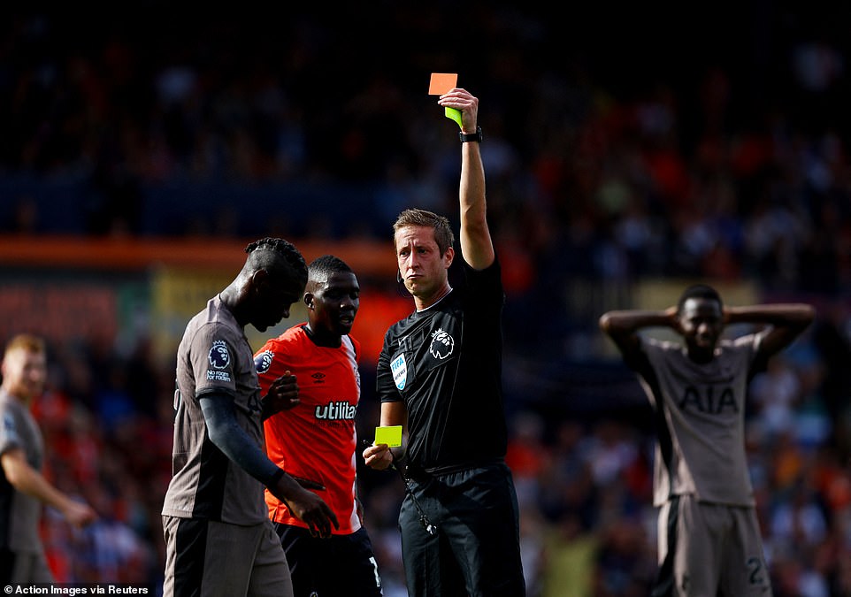 Yves Bissouma was sent off for two bookable fouls in the first half, with the second awarded to the midfielder for diving.