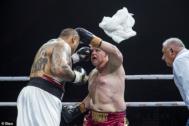 Hannant's corner eventually threw in the towel (pictured), but the bout should have been stopped once he was knocked down 30 seconds into the first round