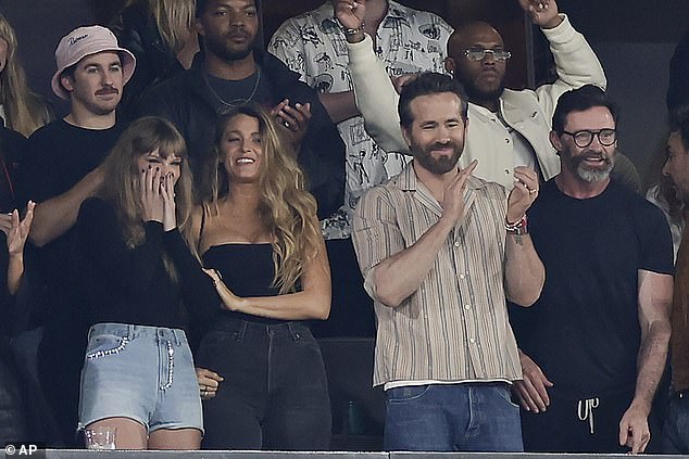 Great support!  On Sunday, Swift was spotted at MetLife Stadium cheering on her new beau and Kansas City Chiefs tight end Travis Kelce ahead of the battle against the New York Jets in New Jersey;  Swift with Blake, Ren Reynolds and Hugh Jackman (left to right)