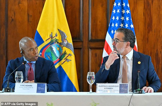 Adams (L) and Ecuador's Foreign Minister Gustavo Manrique held a meeting at the Najas Palace